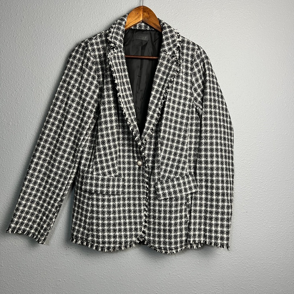 Umgee Black White Checkered Houndstooth Tweed Blazer Fringe Collar Pearl Button